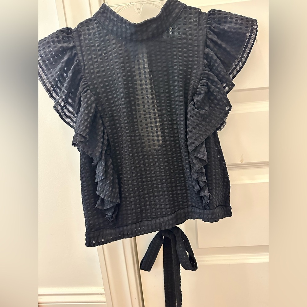 Maeve by Anthropologie Black Ruffle Top with button and tie back Size S
